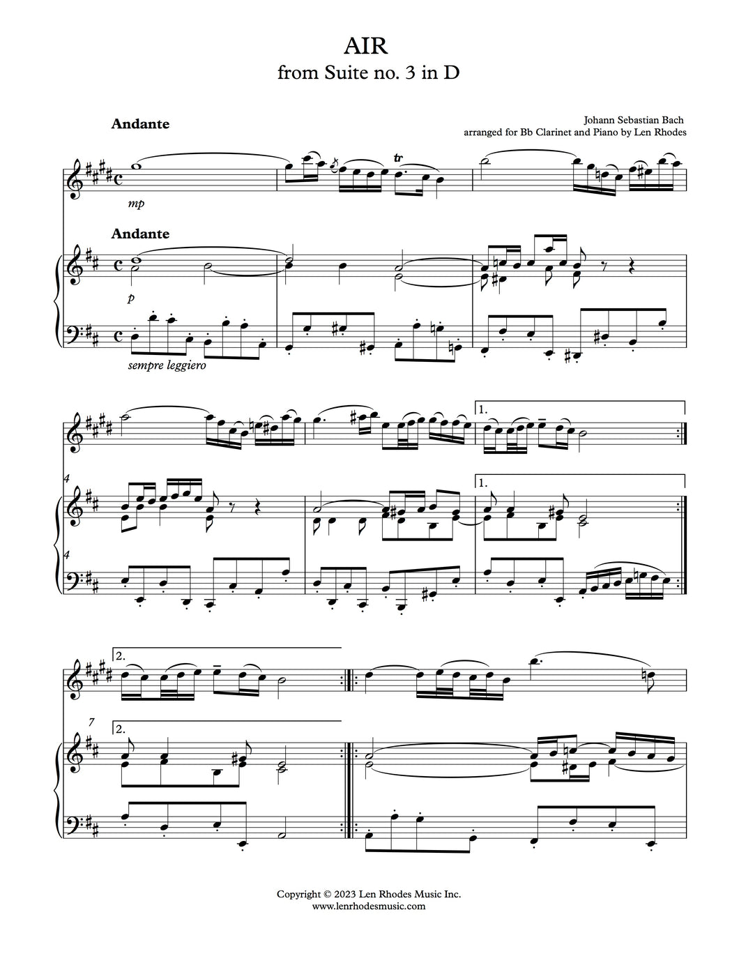 ‘Air’ from Suite no. 3 in D, Bach - Bb Clarinet and Piano