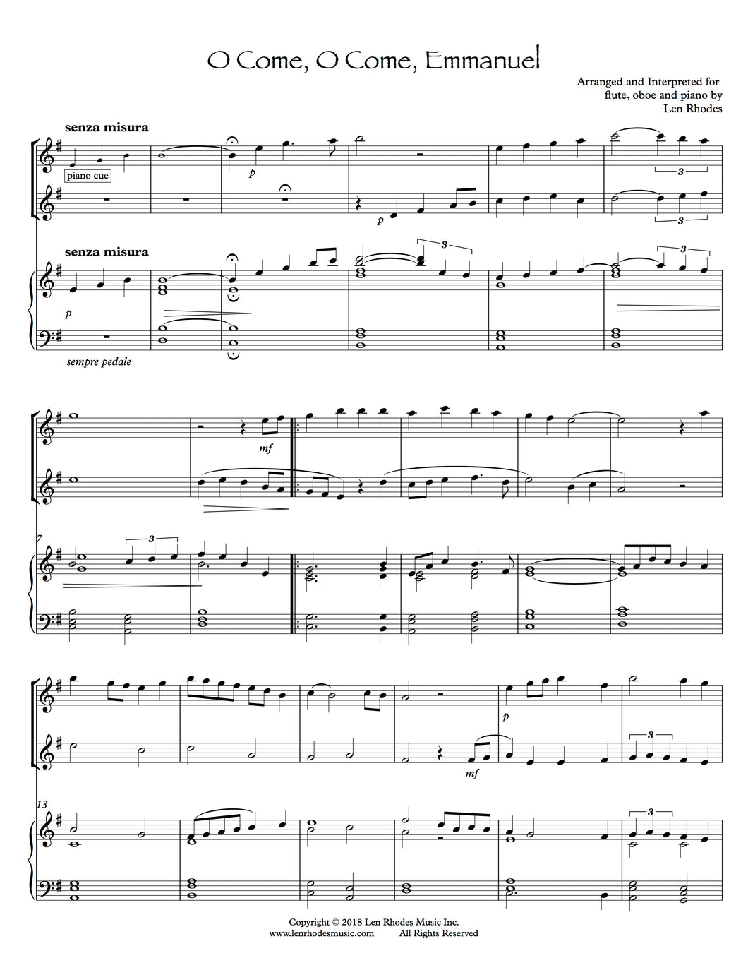 O Come, O Come, Emmanuel, arranged for Flute, Oboe and Piano