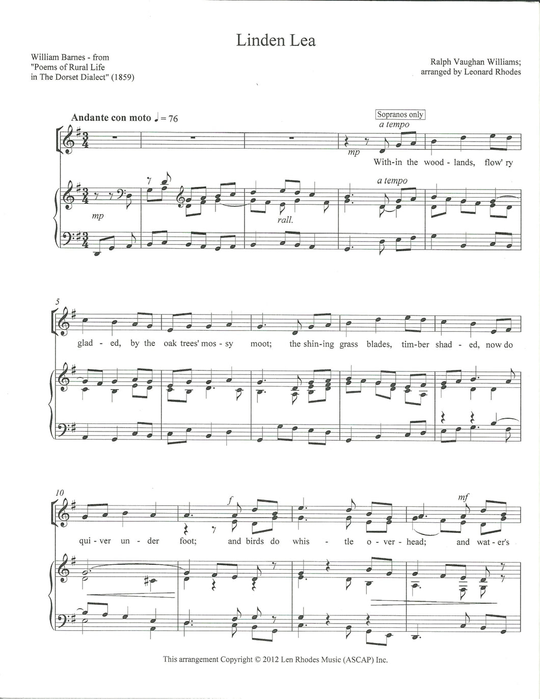 Linden Lea - Ralph Vaughan Williams, arranged for SATB and Piano