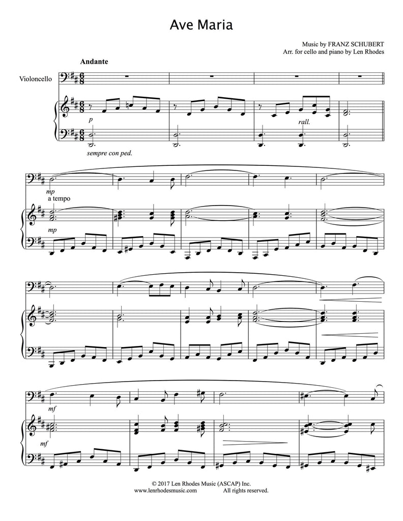 Ave Maria Schubert Cello and Piano Len Rhodes Music