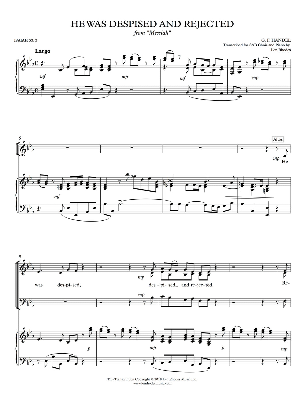 He Was Despised and Rejected, Handel - SAB Choir and Piano