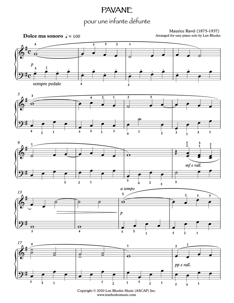 Pavane pour une infante defunte Ravel easy Piano Len Rhodes Music