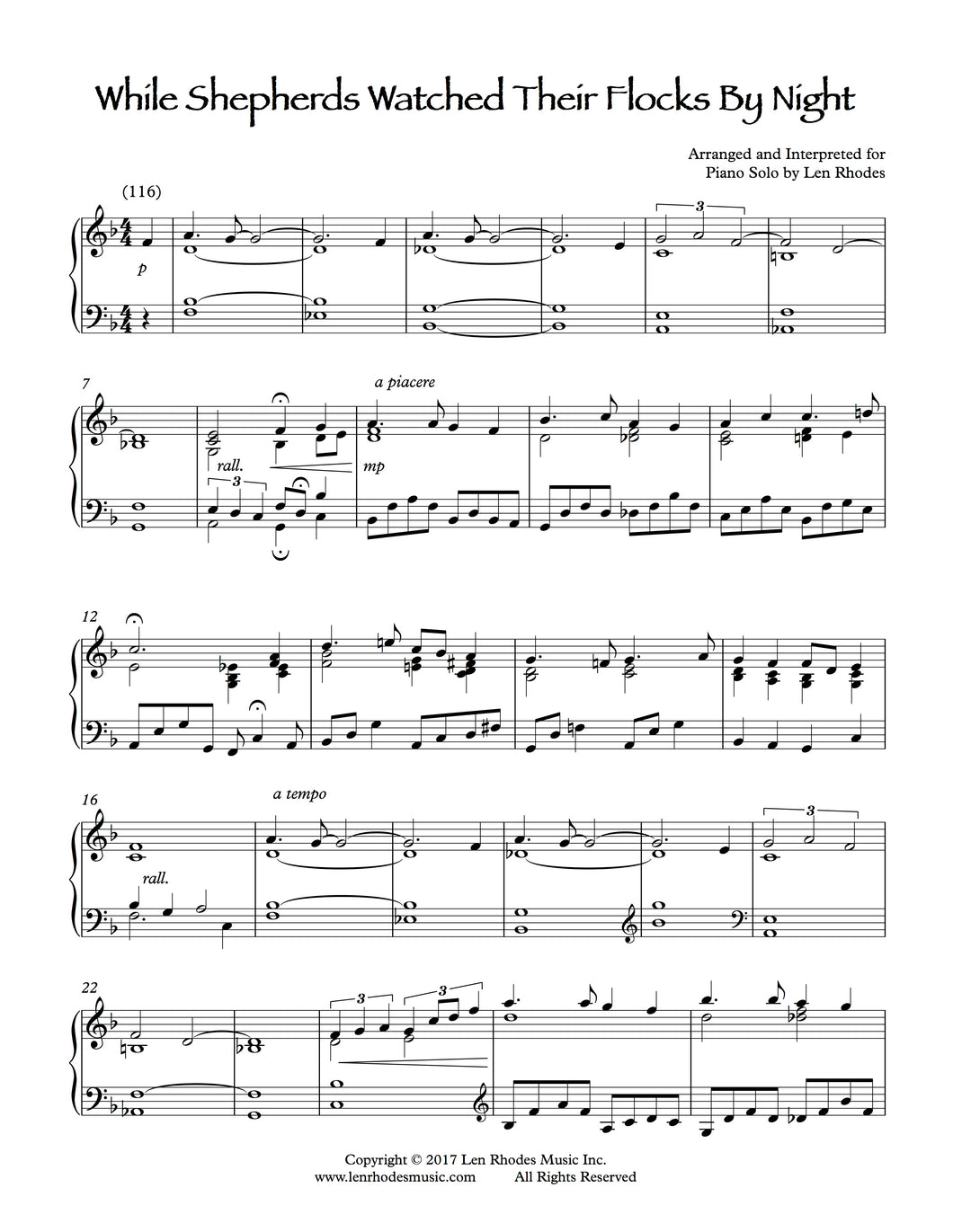 While Shepherd's Watched Their Flocks By Night - Piano
