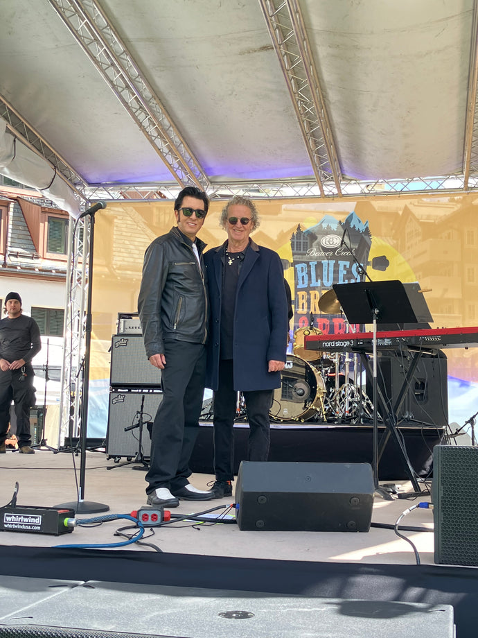 After soundcheck, Len Rhodes with Ryan Collingwood (Elvis)