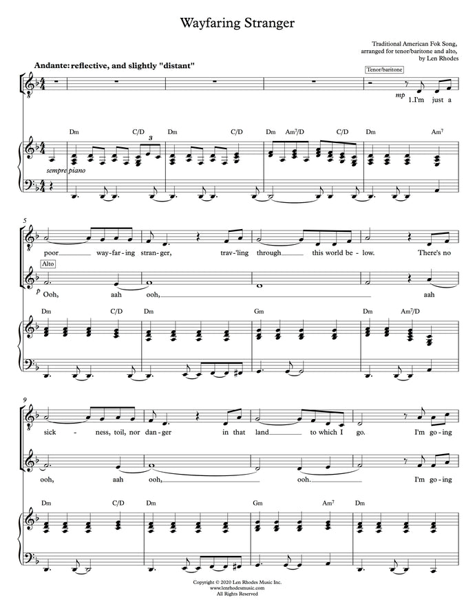 Wayfaring Stranger - for Alto and Tenor duet, with piano accompaniment