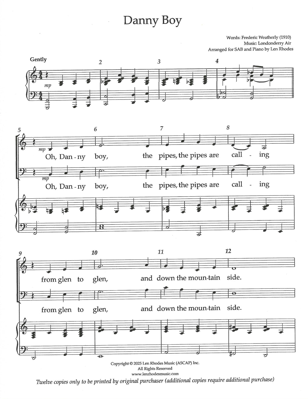 Danny Boy for SAB Choir and Piano