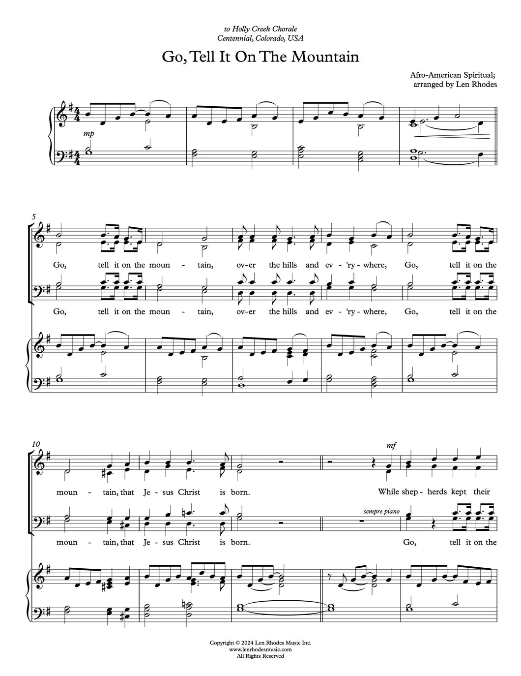 Go, Tell It On The Mountain - arranged by Len Rhodes for SATB and Piano,