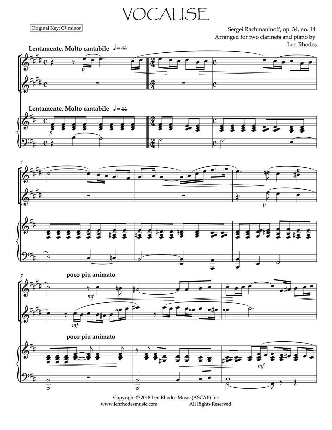 Rachmaninov - Vocalise for two clarinets and piano