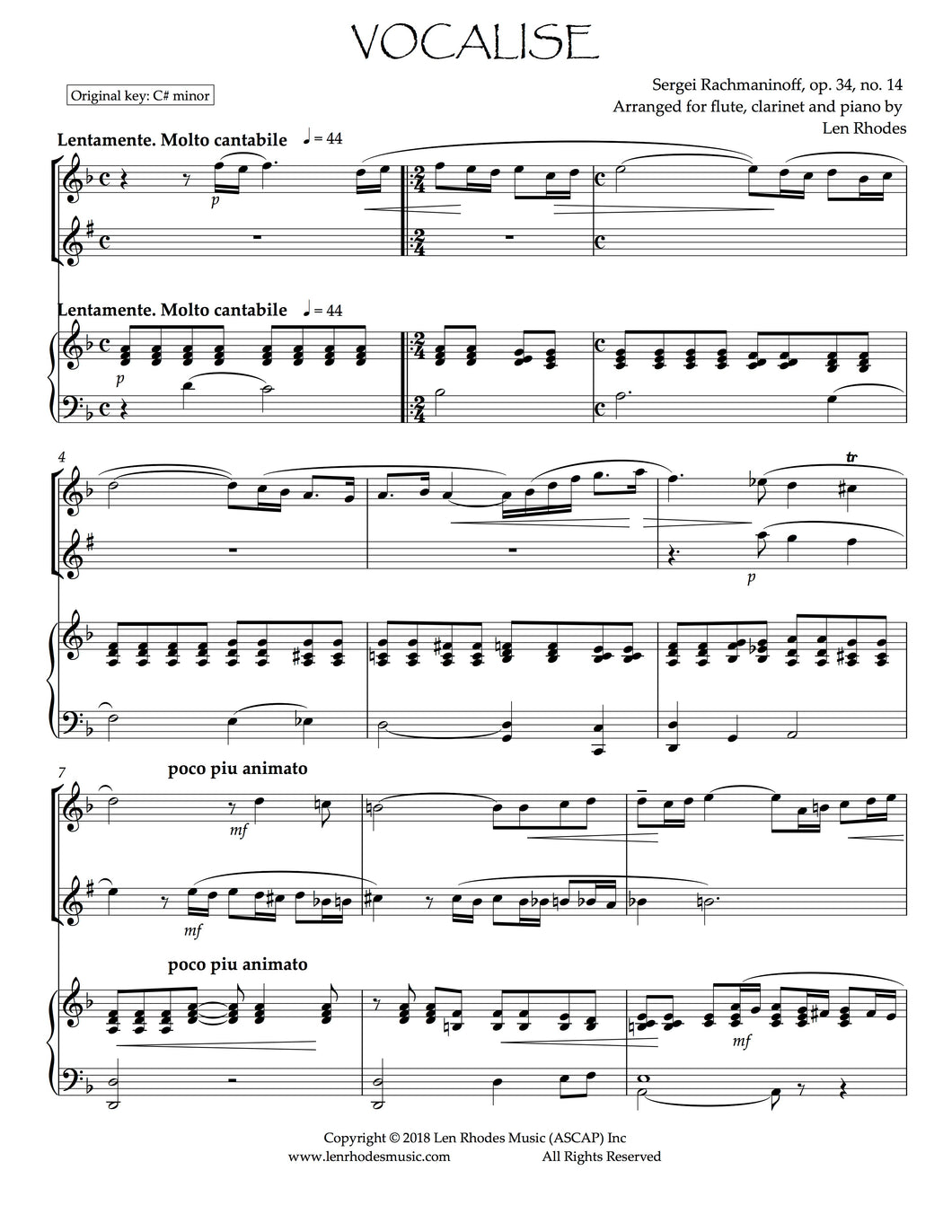 Rachmaninov - Vocalise for Flute, Clarinet and Piano