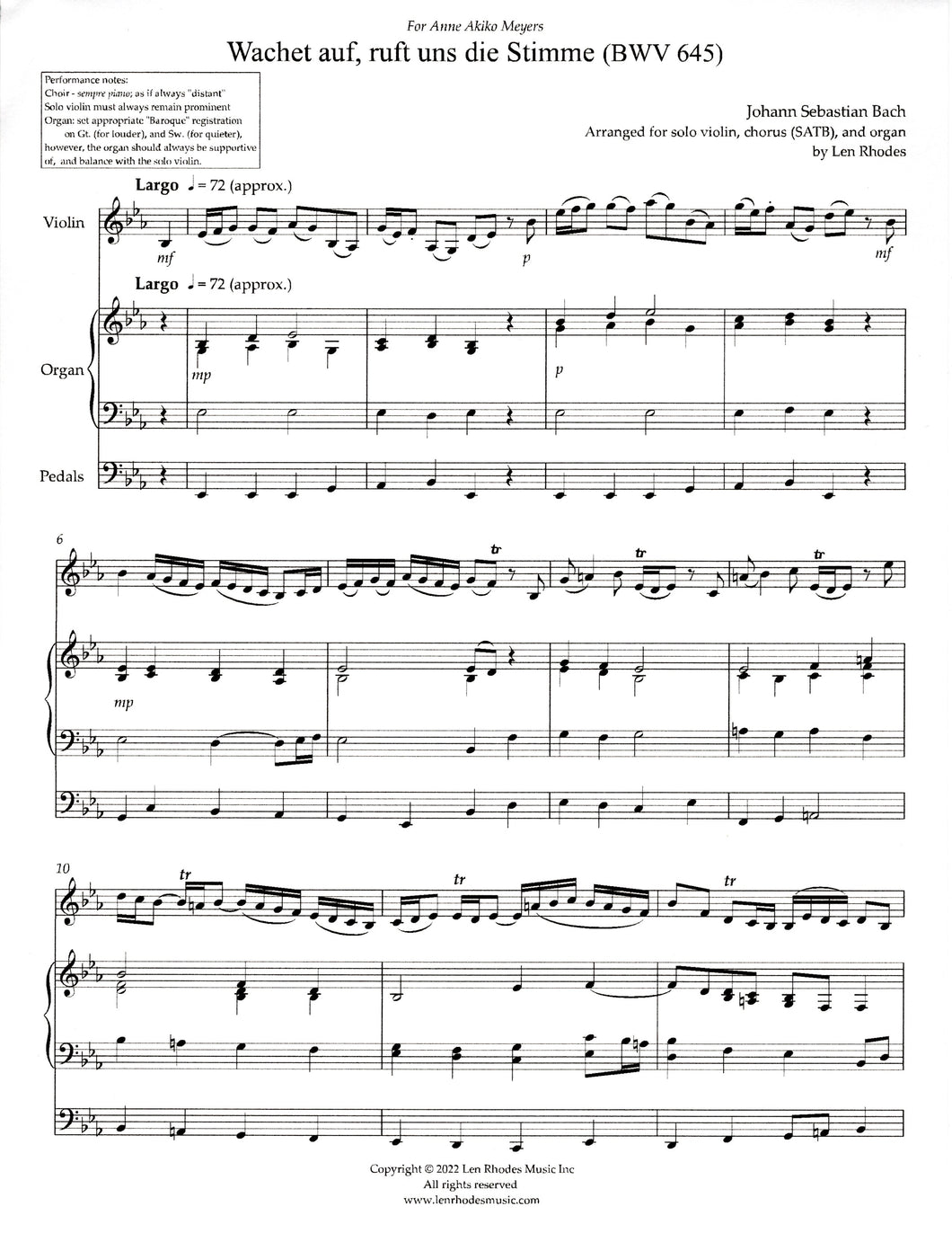 Wachet auf, Johann Sebastian Bach - arranged for solo violin, SATB and organ