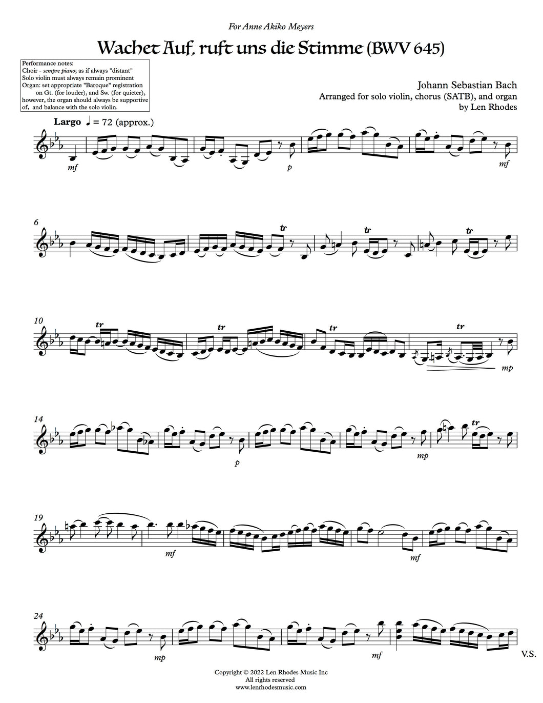 Wachet auf, Johann Sebastian Bach - solo violin, SATB and organ - Violin part