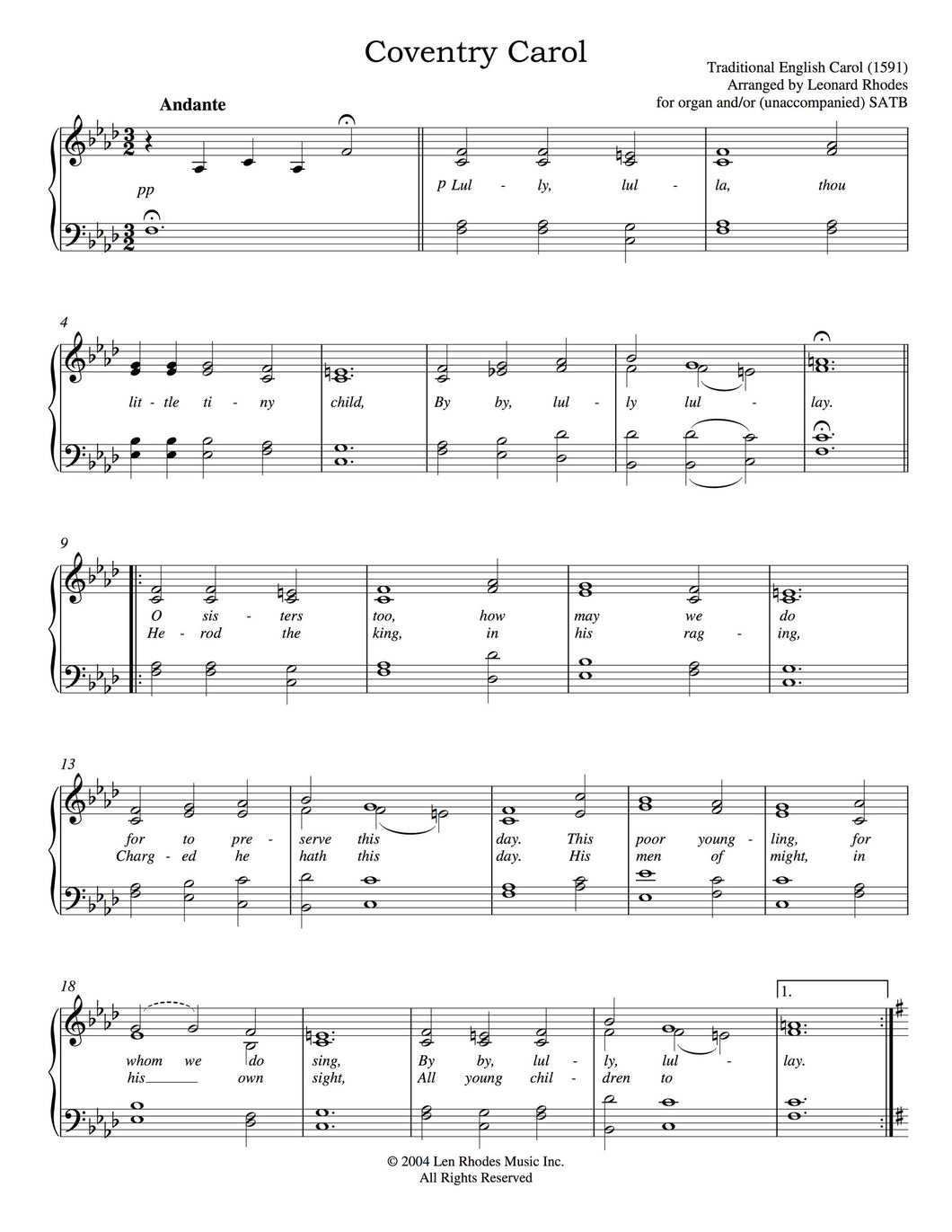 Coventry Carol - SATB Choir, optional Organ