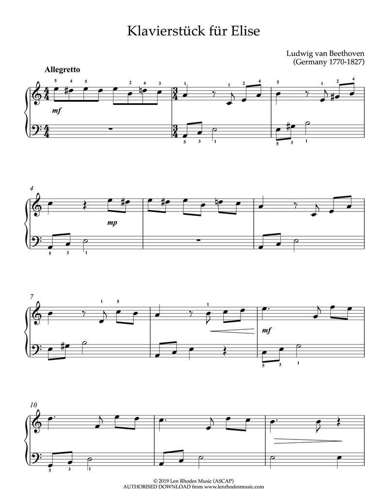 fur Elise Beethoven easy Piano Len Rhodes Music