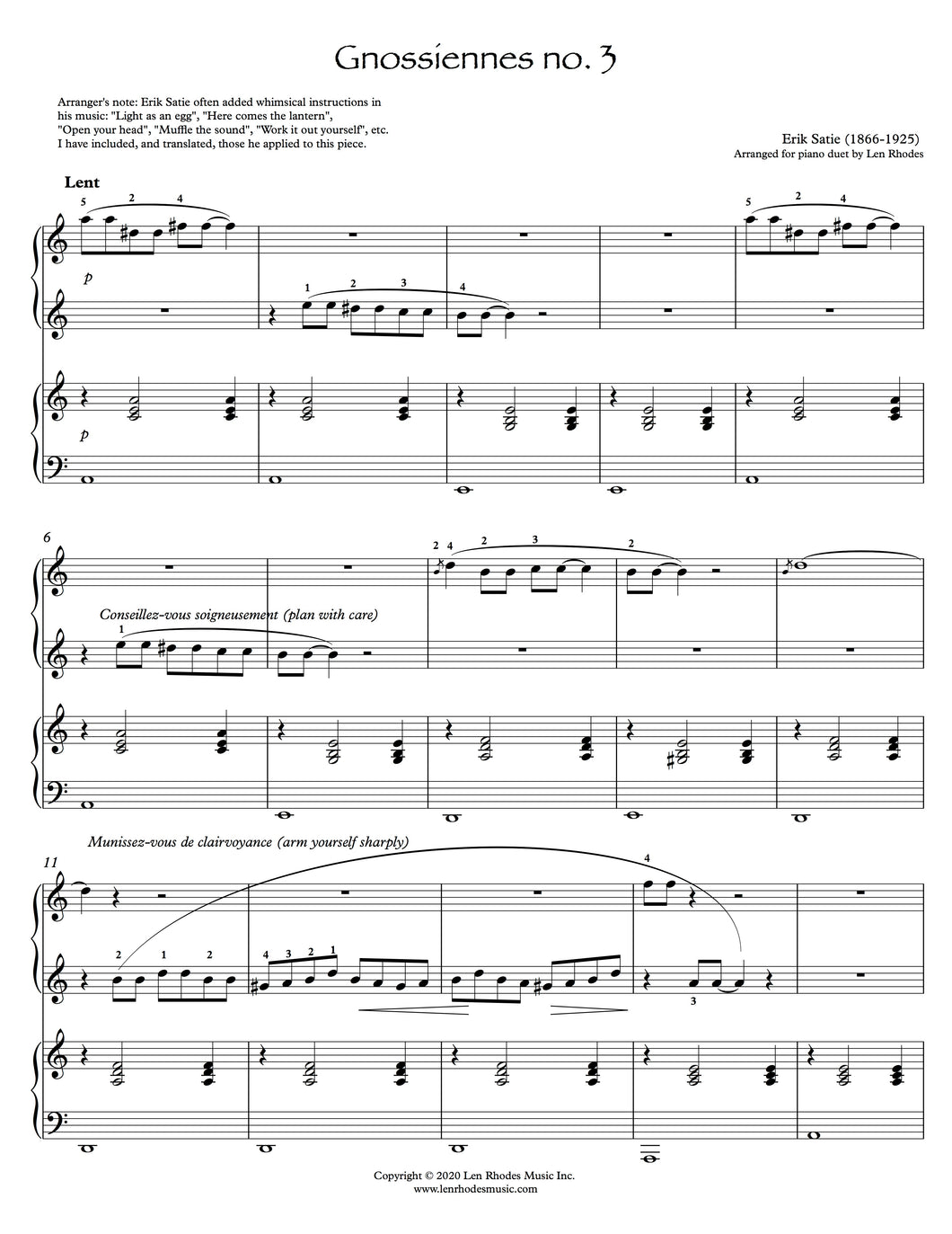 Gnossiennes no. 3, Erik Satie - Piano duet