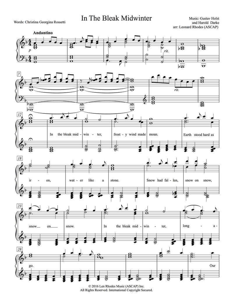 In the bleak shop midwinter piano easy