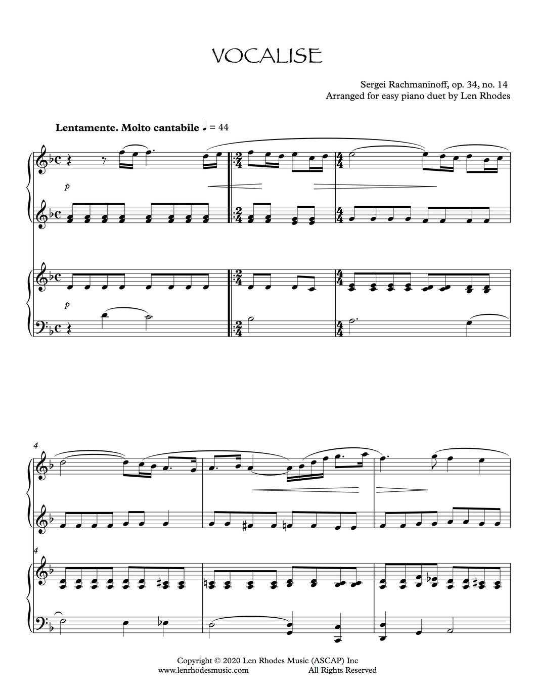 Vocalise, Rachmaninoff - easy Piano duet