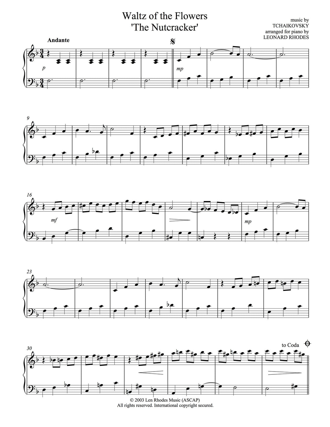 Waltz of the Flowers, Tchaikovsky - easy Piano