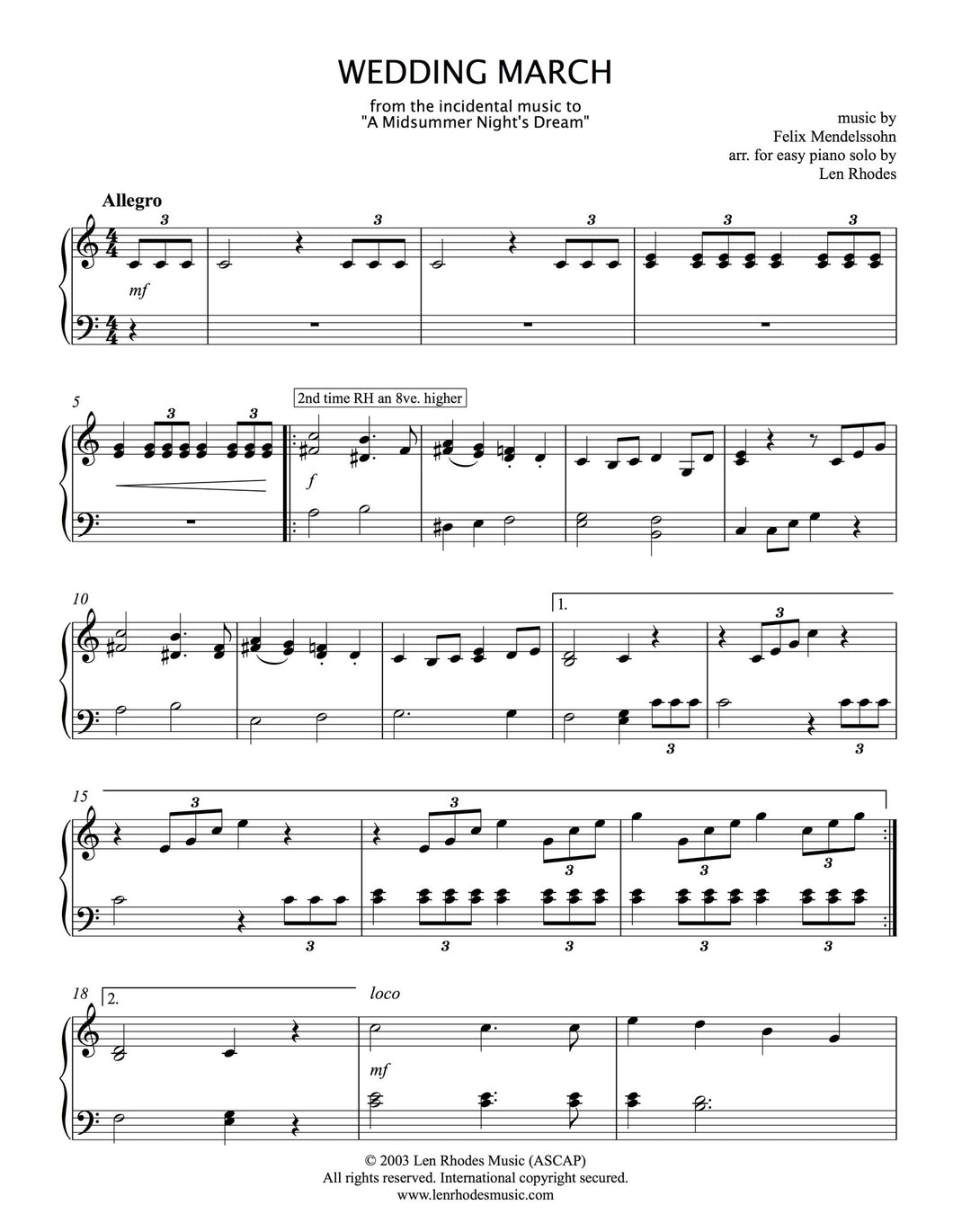 Wedding March, Mendelssohn - easy Piano or Organ