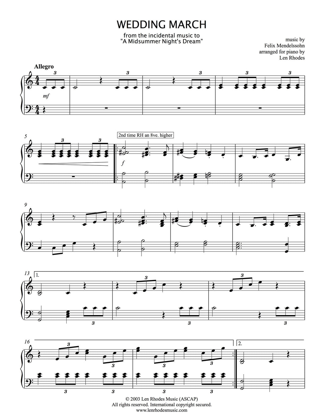 Wedding March, Mendelssohn - Piano or Organ